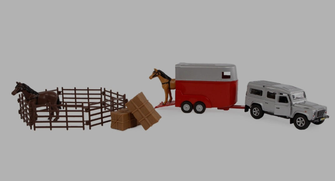 Toy Farm Land Rover Kids Globe Land Rover Defender with Horse Trailer – White House Farm Toys